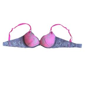 VICTORIA'S SECRET SEXY LITTLE THINGS HOT PINK AND SILVER GRAY BRA, 36C